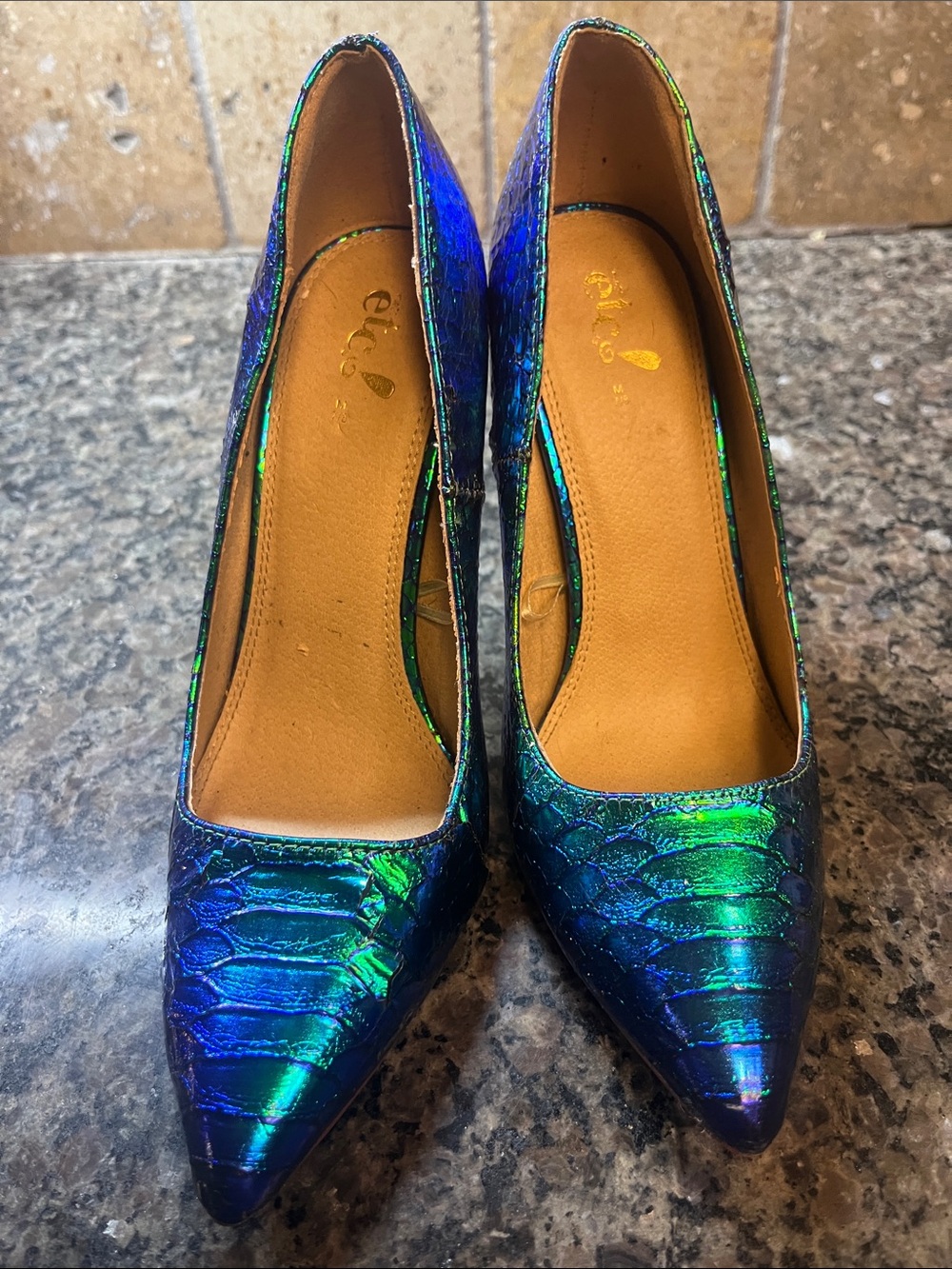 Iridescent Blue-Green Pointed Toe Heels 7.5